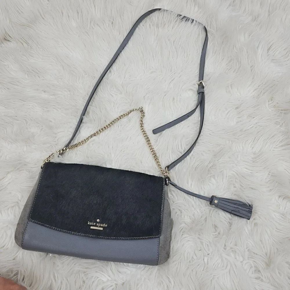 Kate Spade Laurel Way Haircalf Greer Crossbody Shoulder Bag Purse Smoky Gray